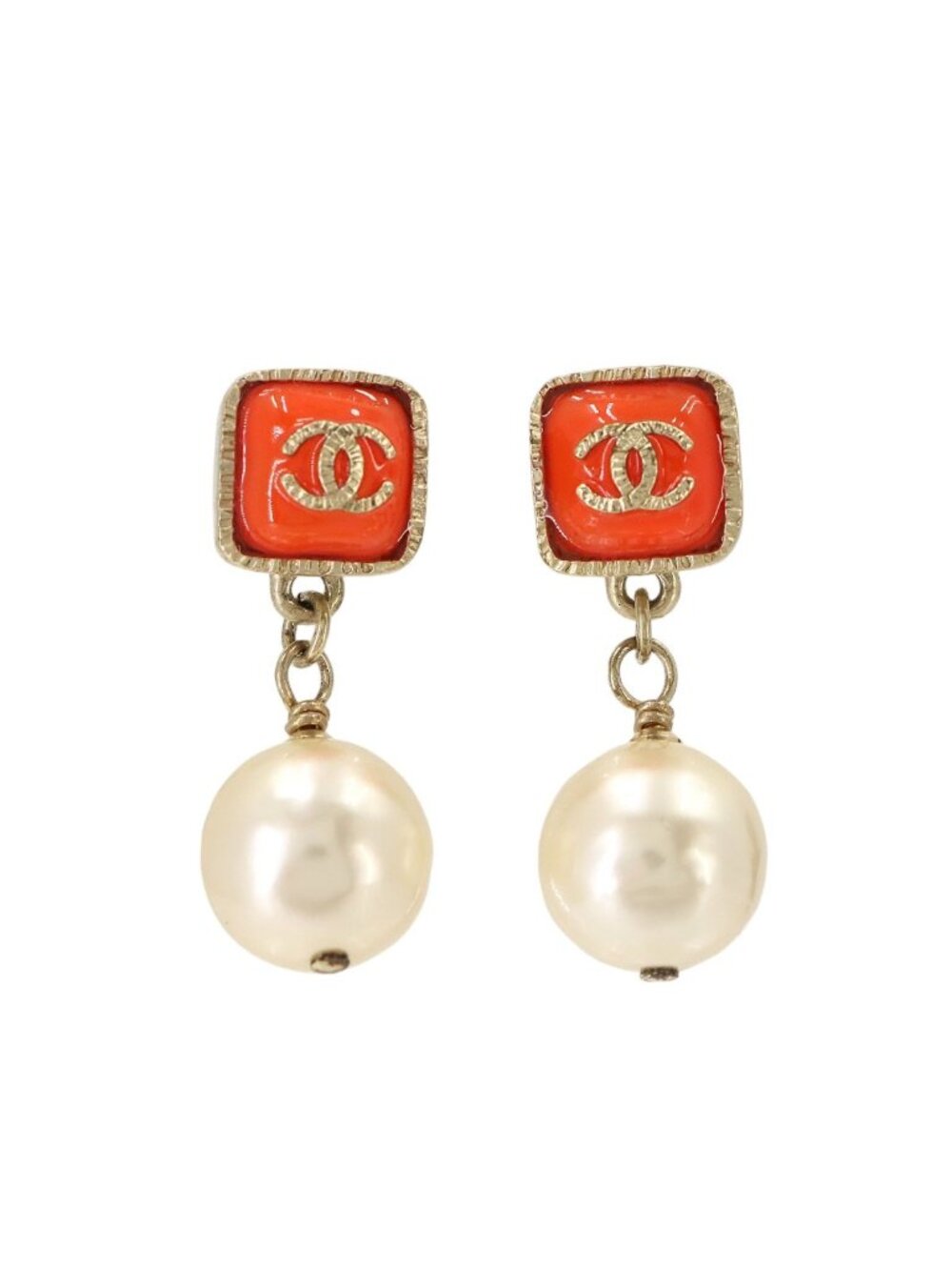 Chanel CC Logo Swing Earrings Faux Pearl Red Gold White